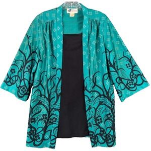 Top Notch Blouse Women's Teal Kimono‎ Style 3/4 Sleeve Floral Tunic 80's Size 10